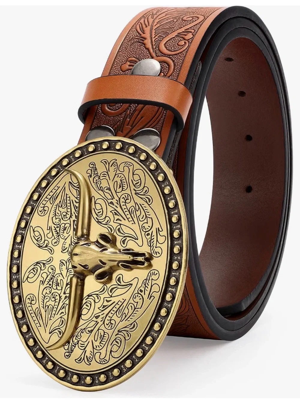 Men's Brown Leather Western Belt with Gold Steer Head Buckle